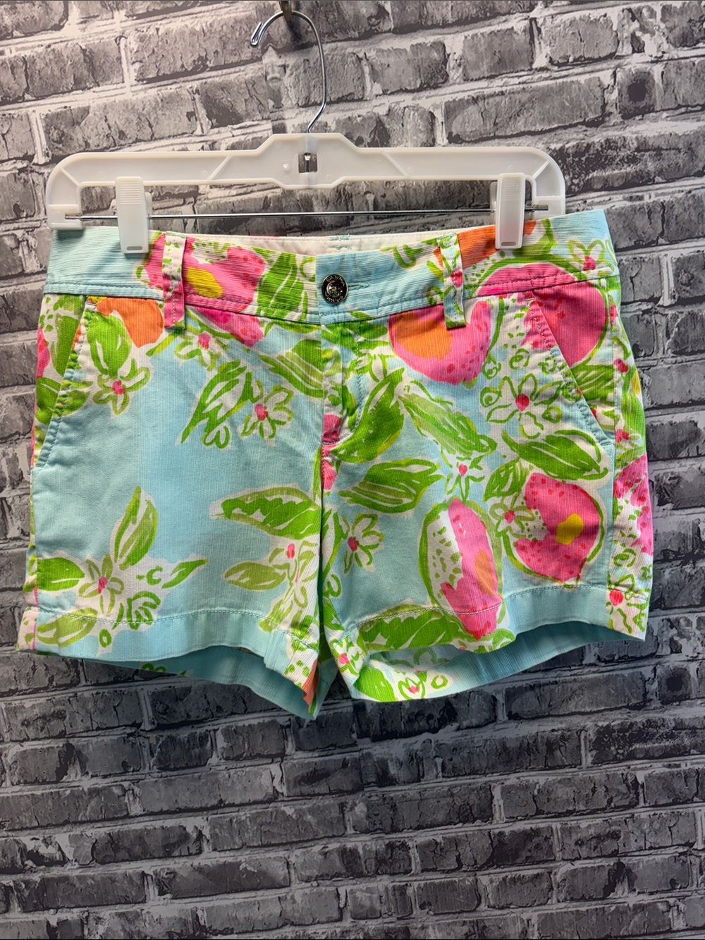 Lilly Pulitzer Aqua Floral High-Rise Shorts in Pink & Green